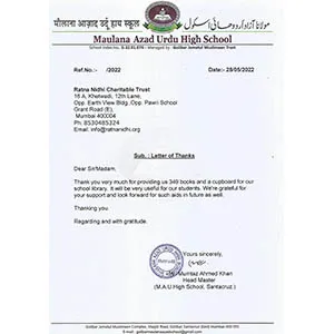 Letter of Thanks - Maulana Azad Urdu High School, Santacruz